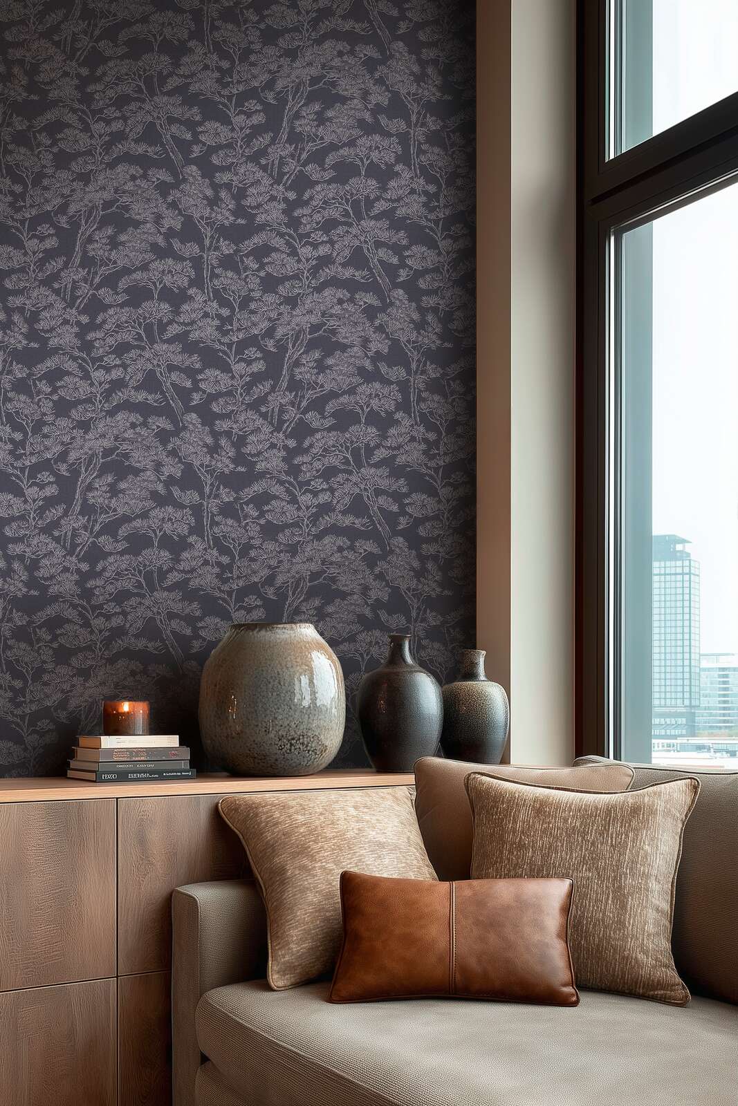 Tapetes ar priežu motīvu, viegli teksturētas - tumši pelēkā - 3006773 AS Creation