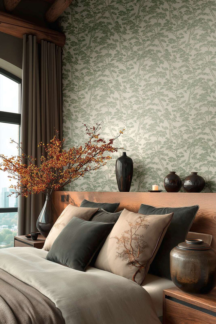 Tapetes ar stilizētu priežu motīvu, zaļa, balta - 3006775 AS Creation