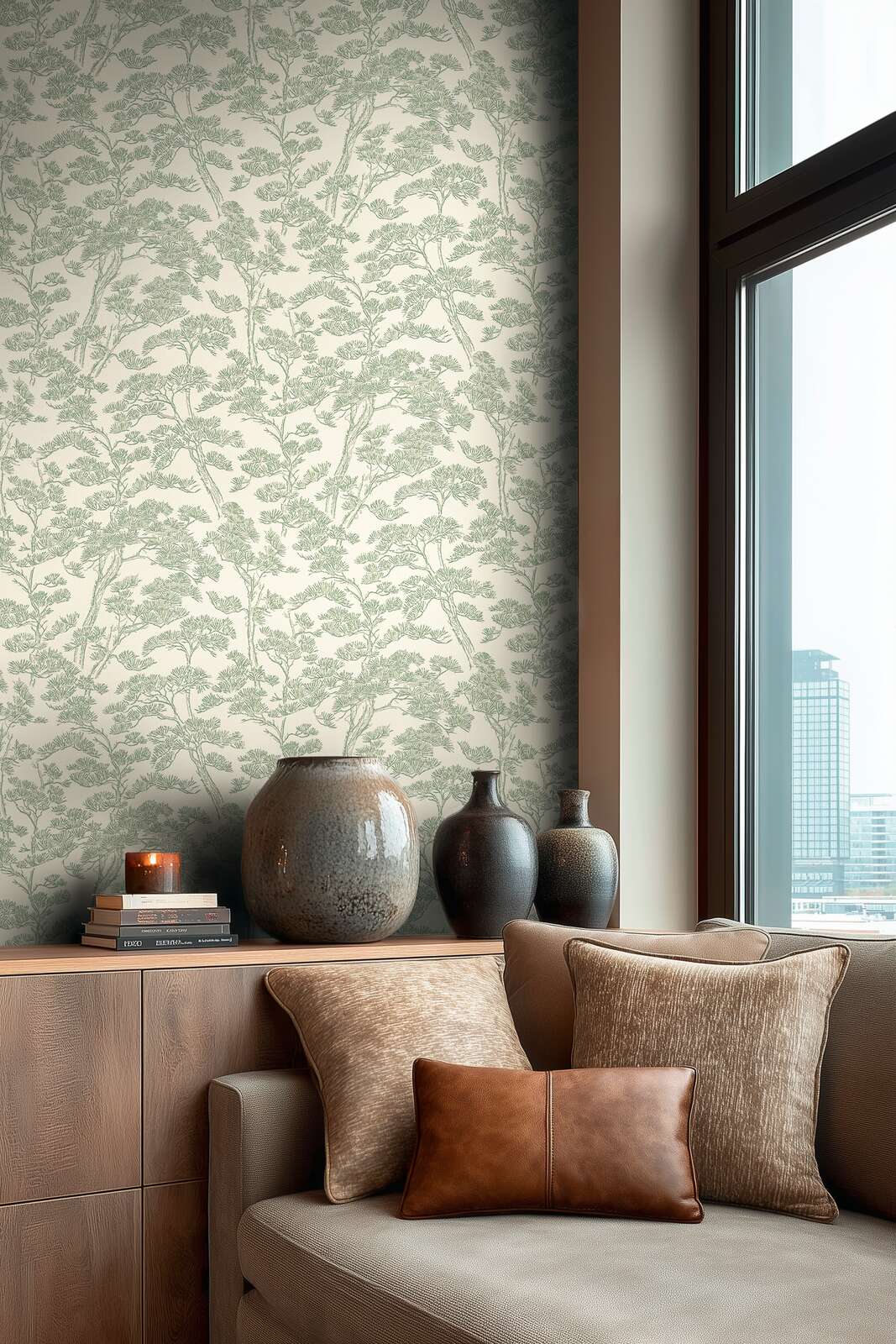 Tapetes ar stilizētu priežu motīvu, zaļa, balta - 3006775 AS Creation