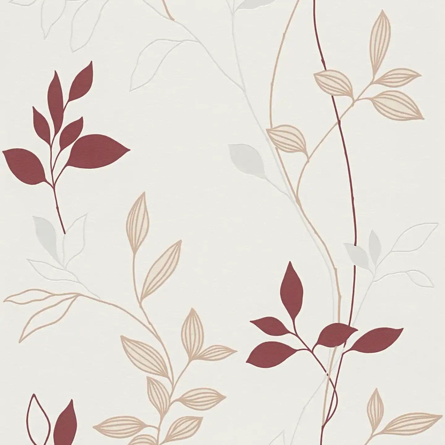 Tapetes ar teksturētu lapu rakstu sarkanā krāsā, krēmkrāsa - 747613 AS Creation