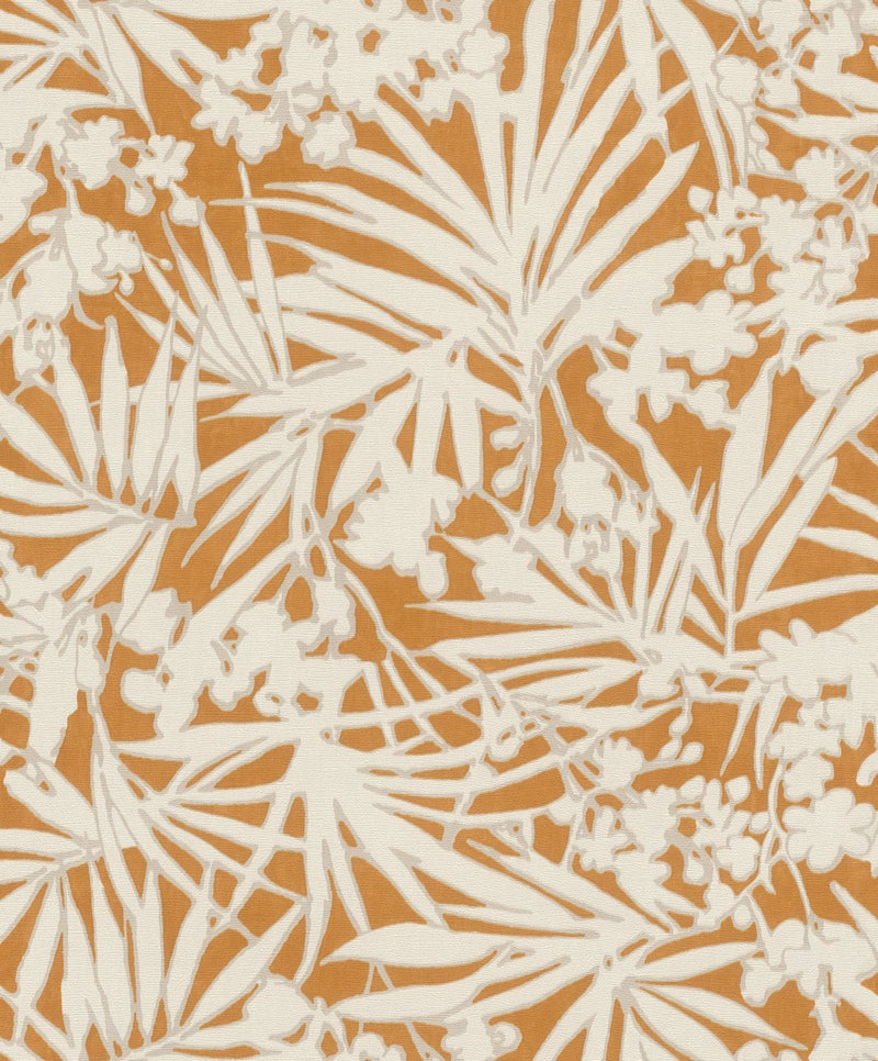 Tapetes ar tropiskām lapām uz tekstila faktūras, oranža un krēmkrāsa, RASCH, 1205130 AS Creation