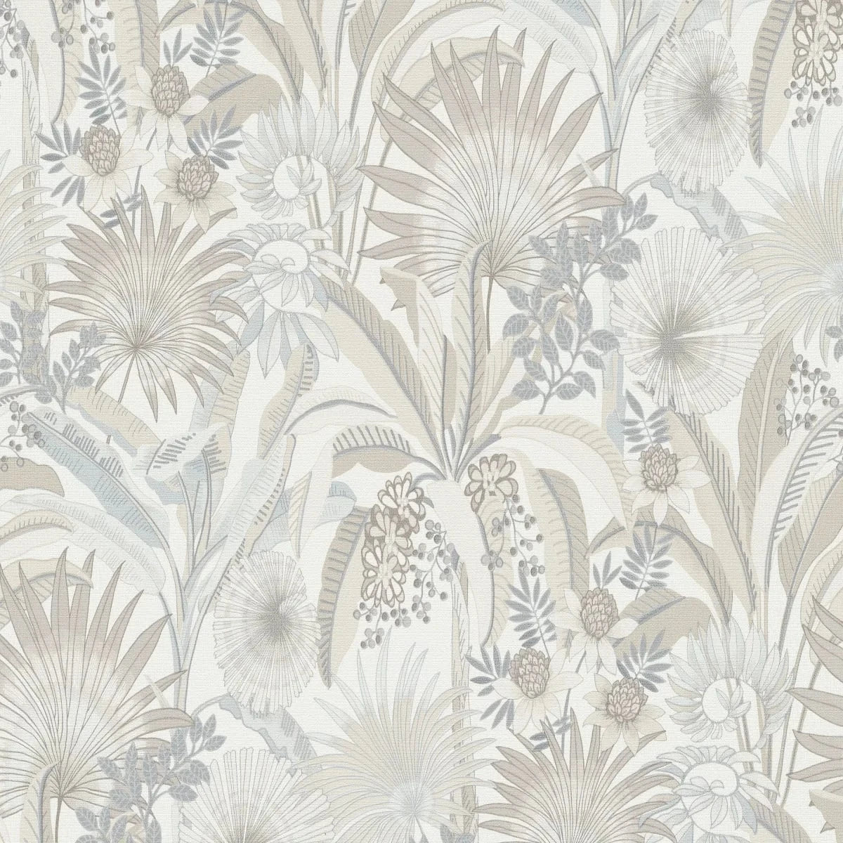 Tapetes ar tropiskiem ziediem taupe un gaiši pelēkos toņos – elegants sienu risinājums Erismann