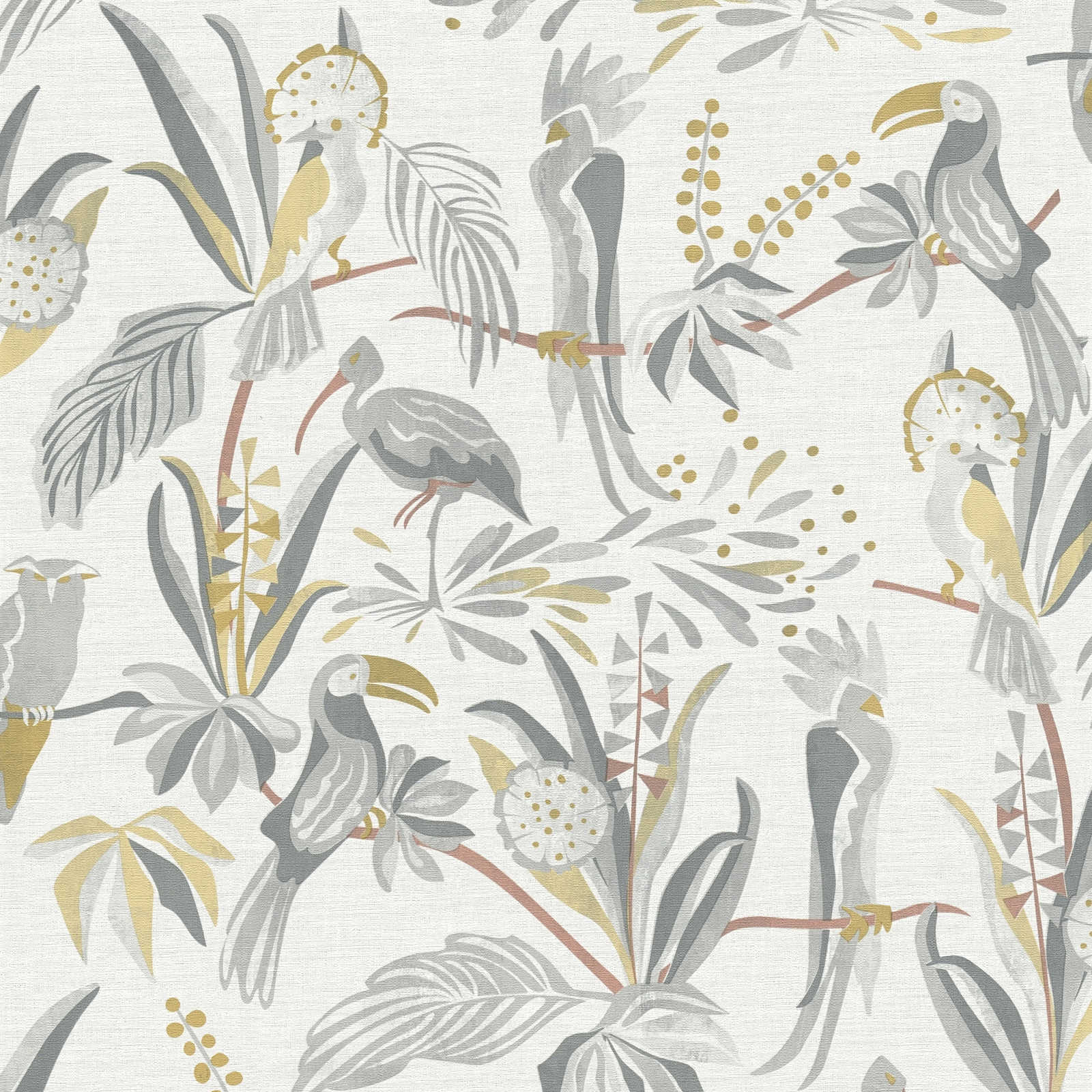 Tapetes ar tropu augiem un putniem, lina izskats: gaiši pelēkā, 388984 AS Creation