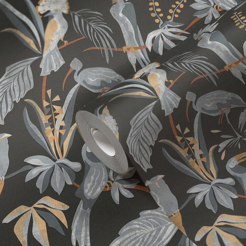 Tapetes ar tropu augiem un putniem, lina izskats: melnā, pelēkā, 1367566 AS Creation