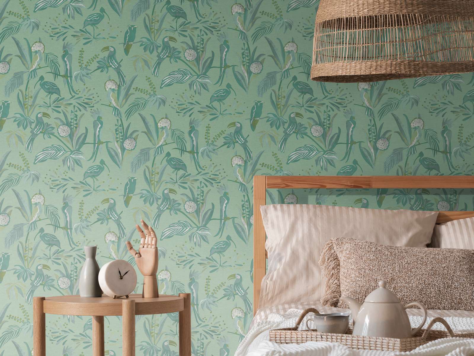 Tapetes ar tropu augiem un putniem, lina izskats: zaļā, 388982 AS Creation