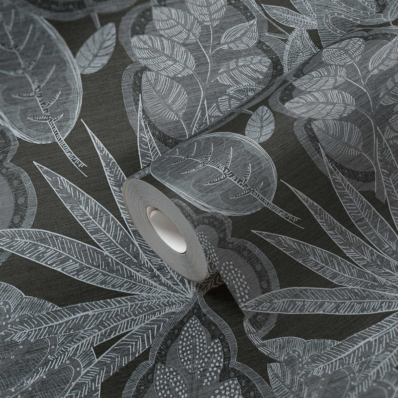 Tapetes ar tropu lapām grafiskajā dizainā: melnā krāsā, 1400365 AS Creation