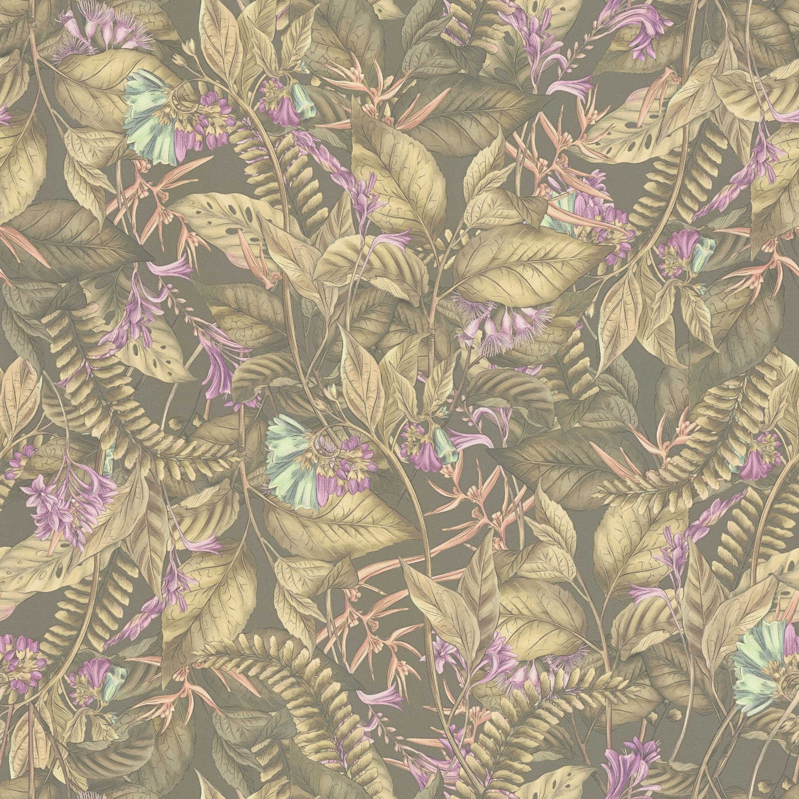 Tapetes ar tropu lapām un ziediem: brūnā, violetā, AS Creation 394253 AS Creation