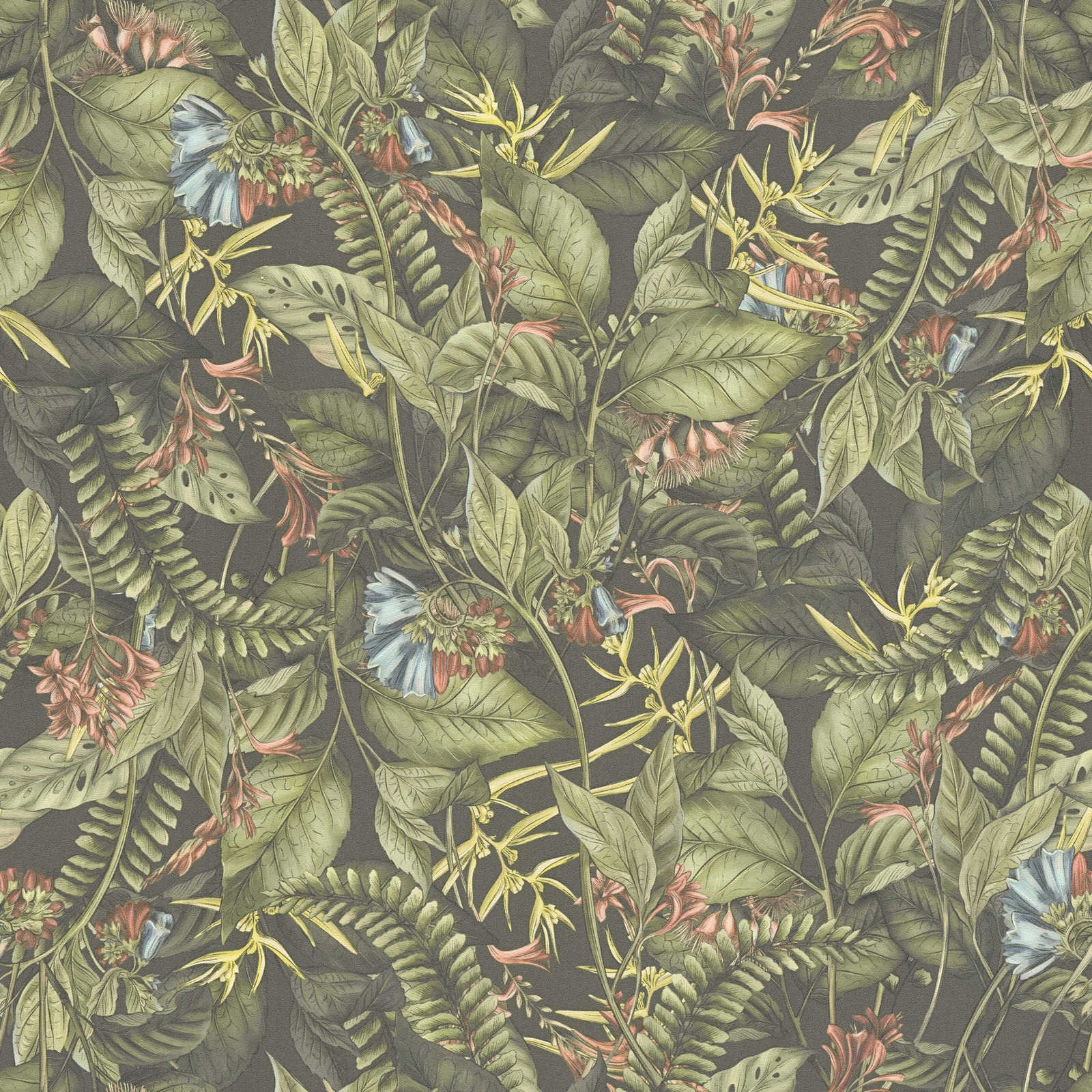 Tapetes ar tropu lapām un ziediem: zaļā krāsā, AS Creation 394251 AS Creation