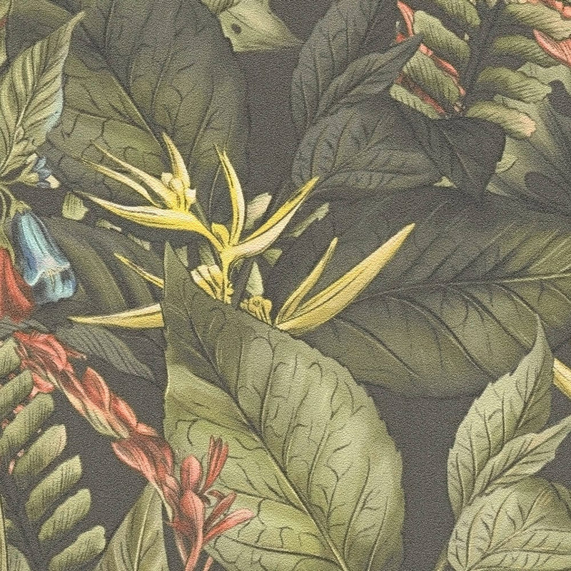 Tapetes ar tropu lapām un ziediem: zaļā krāsā, 1402013 AS Creation