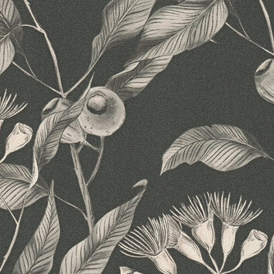 Tapetes ar tropu ziediem un lapām: pelēkā un melnā krāsā, 1402076 AS Creation