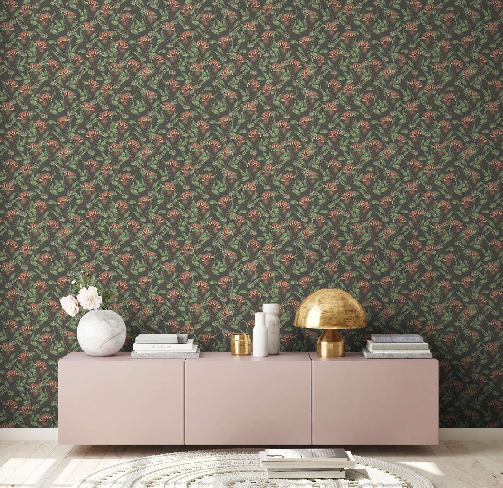 Tapetes ar tropu ziediem un lapām: zaļā un melnā krāsā, 394301 AS Creation