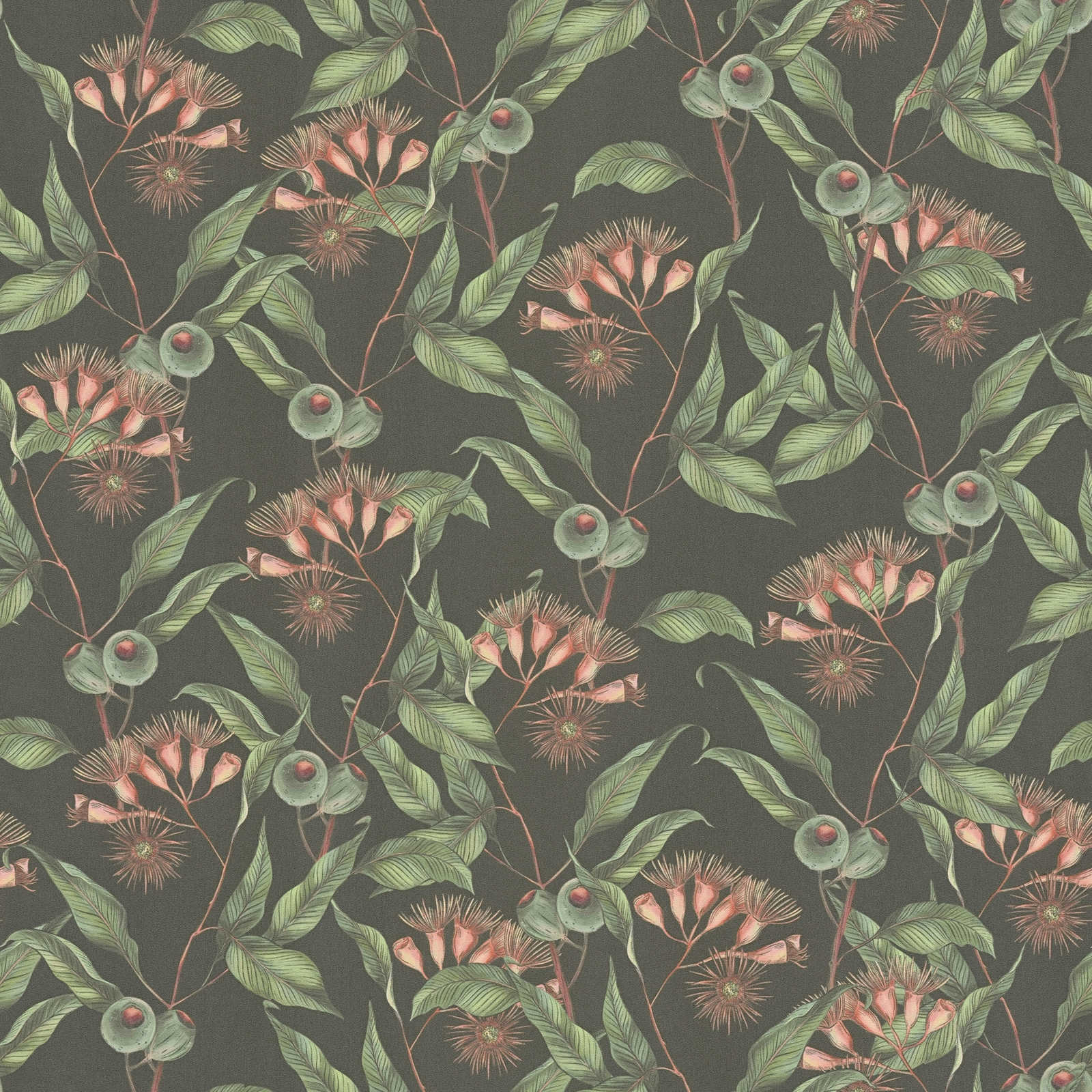 Tapetes ar tropu ziediem un lapām: zaļā un melnā krāsā, 394301 AS Creation