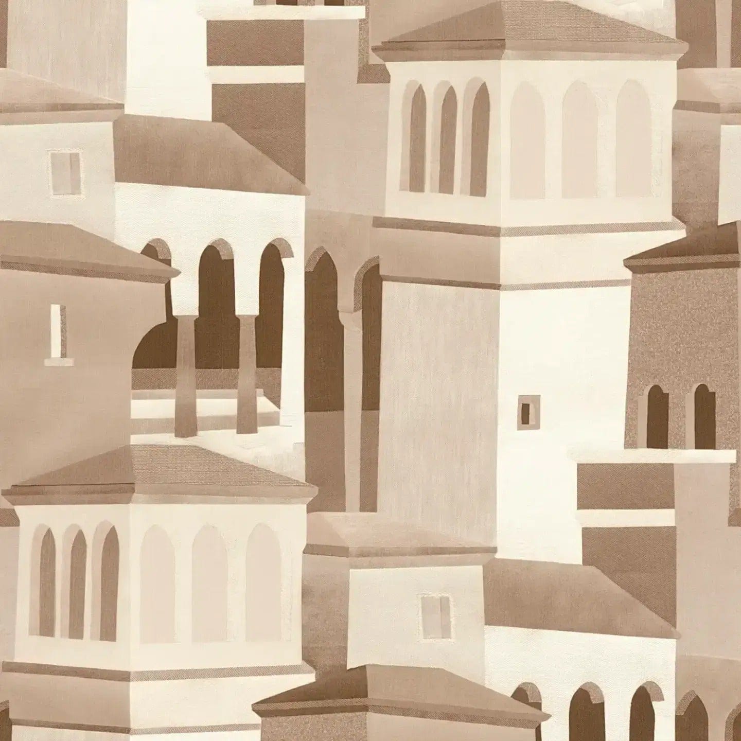 Detalus vaizdas: rudos spalvos tapetai su Viduržemio jūros regiono architektūrine tekstūra. SKU: 3012475, AS Creation.