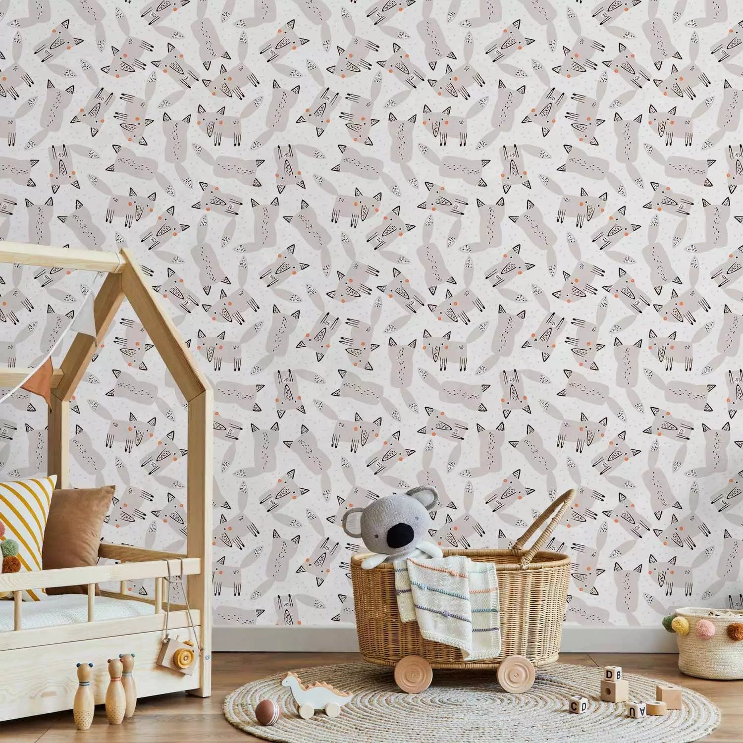 Tapetes ar vilkiem, bērnu istabai - Vilks sniegā, pelēka, balta G ART