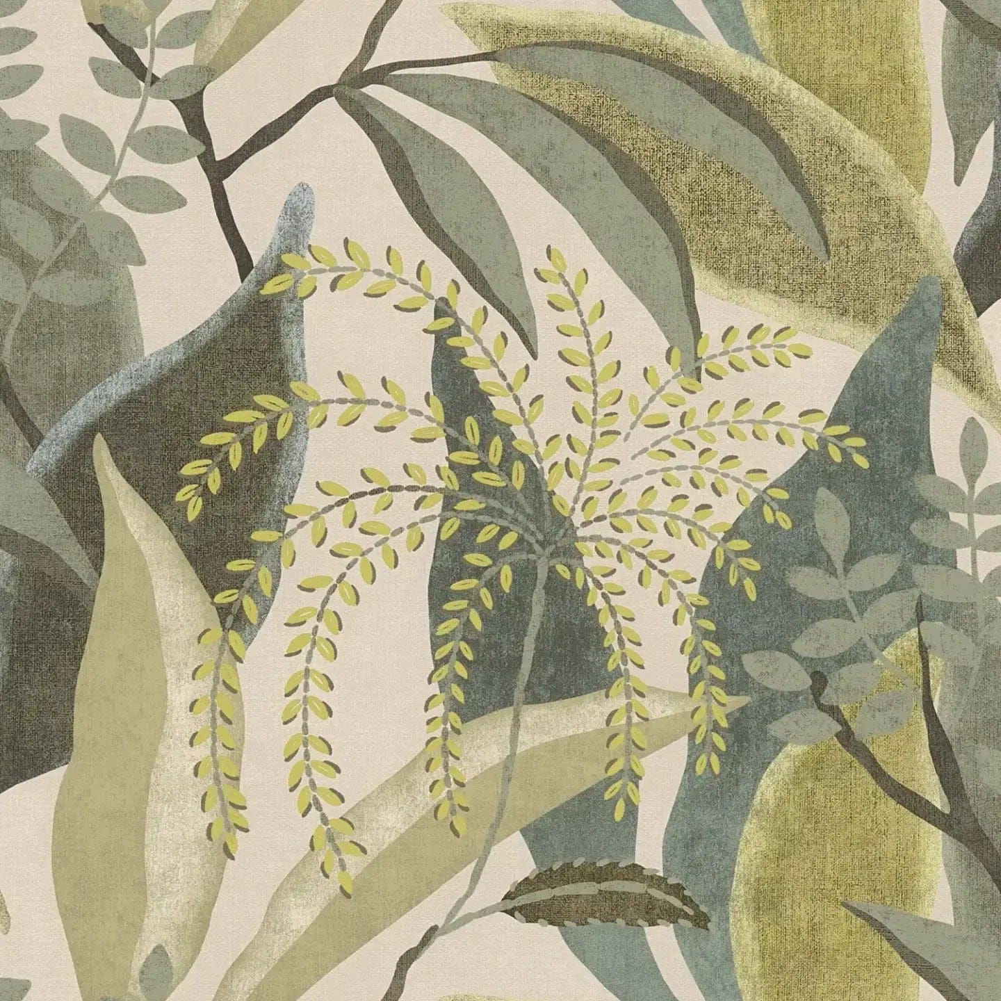 Close-up: matt wallpaper with green leaves on a cream background nearby. SKU: 3012470, AS Creation.