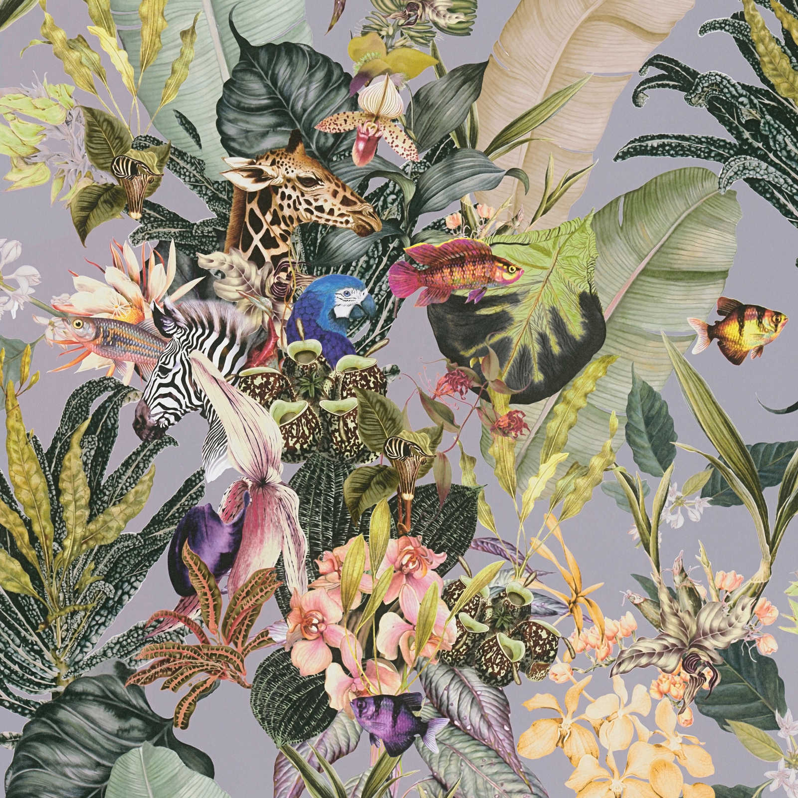 Tapetes ar ziediem un dzīvniekiem - pelēka, zaļa - 1351502 AS Creation