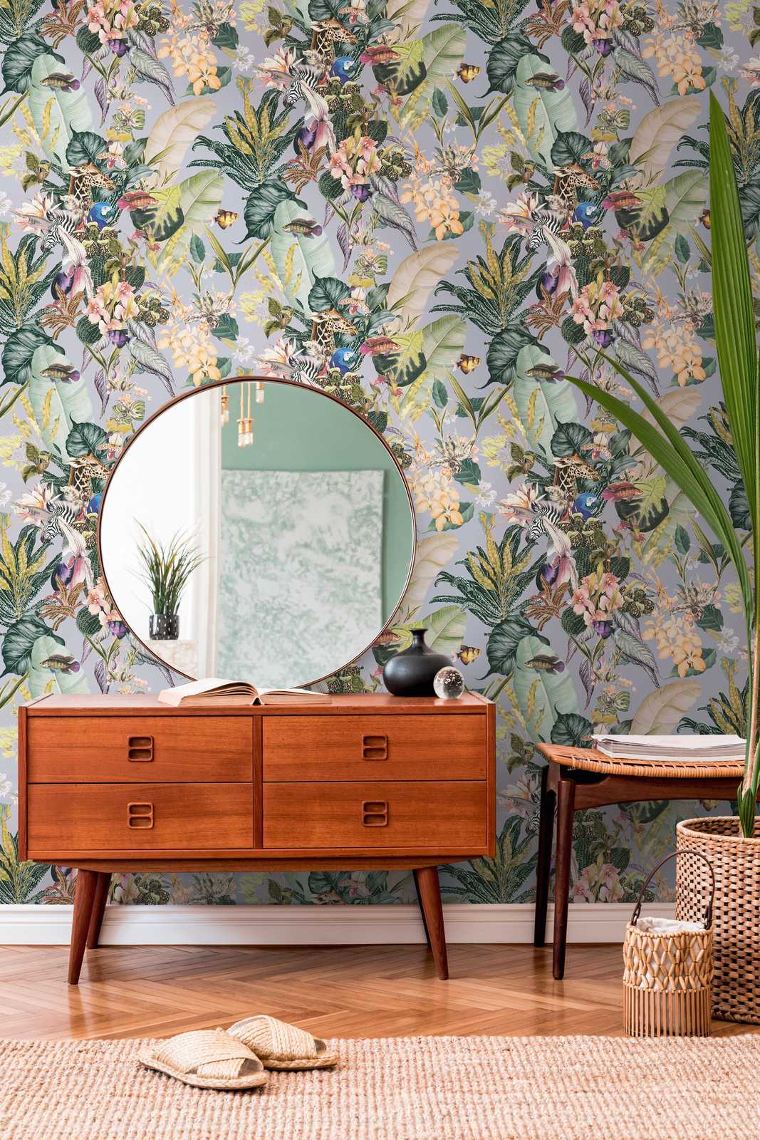 Tapetes ar ziediem un dzīvniekiem - pelēka, zaļa - 1351502 AS Creation