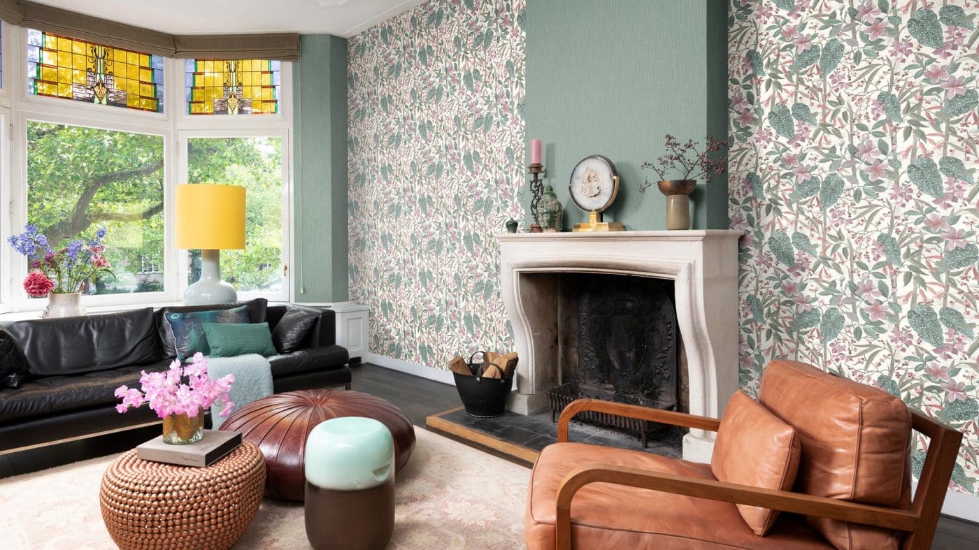 Tapetes guļamistabai ar ziediem un lapām: roza, zaļa, RASCH, 538212 RASCH