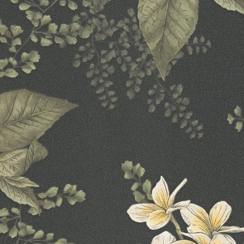 Tapetes ar ziediem un papardes lapām: zaļā un melnā, 1402004 AS Creation