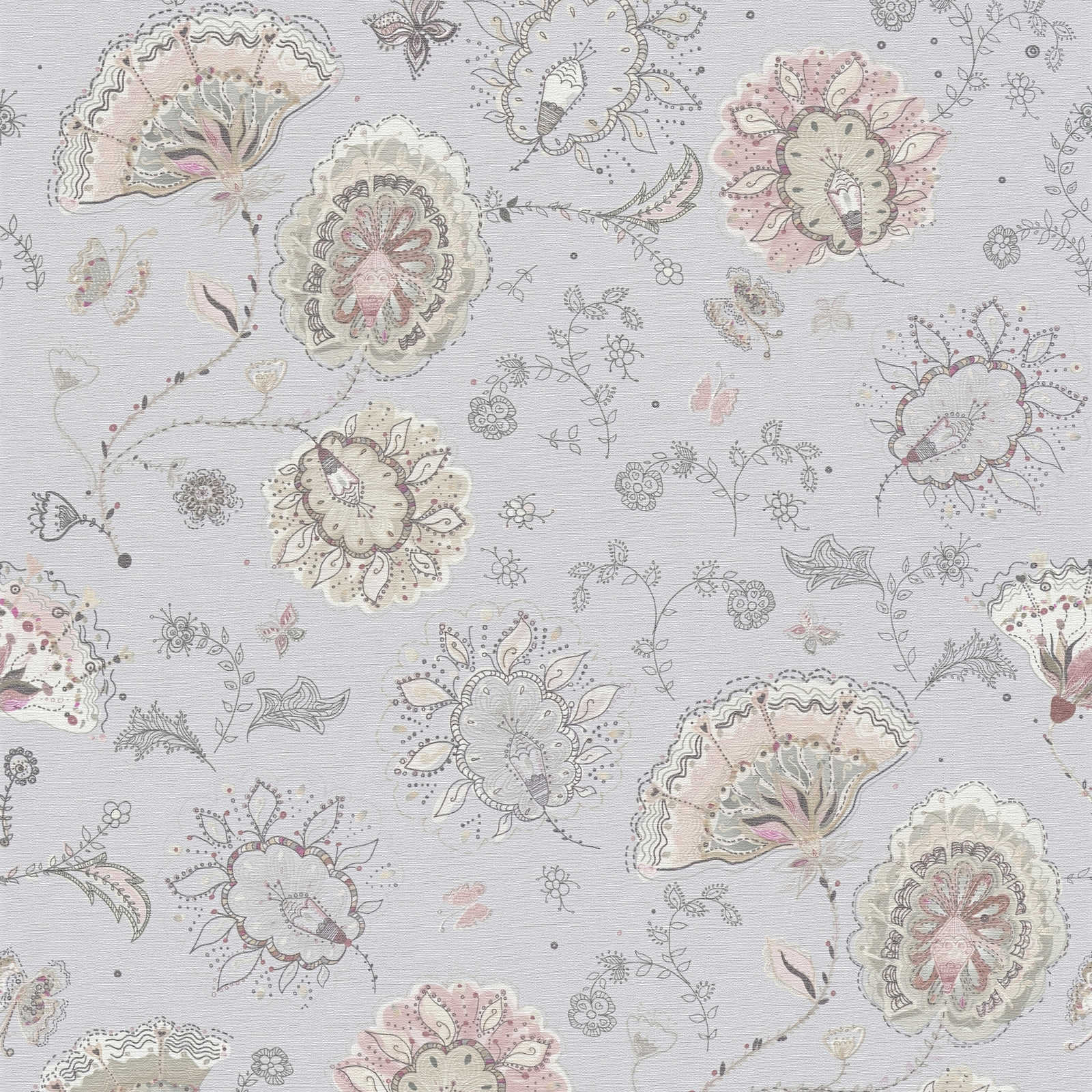 Tapetes ar ziedu rakstu spilgtās krāsās: gaiši pelēkā, 388993 AS Creation