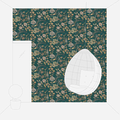 Tapetes ar ziedu rakstu uz grafiska zilganzaļa fona, 1374006 AS Creation