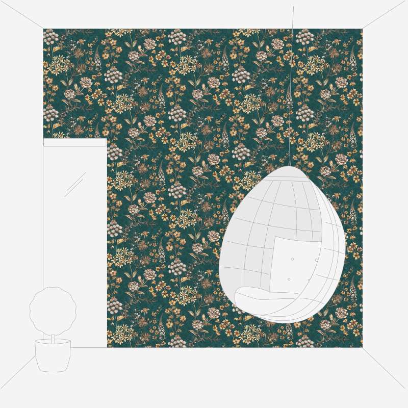 Tapetes ar ziedu rakstu uz grafiska zilganzaļa fona - 1374006 AS Creation
