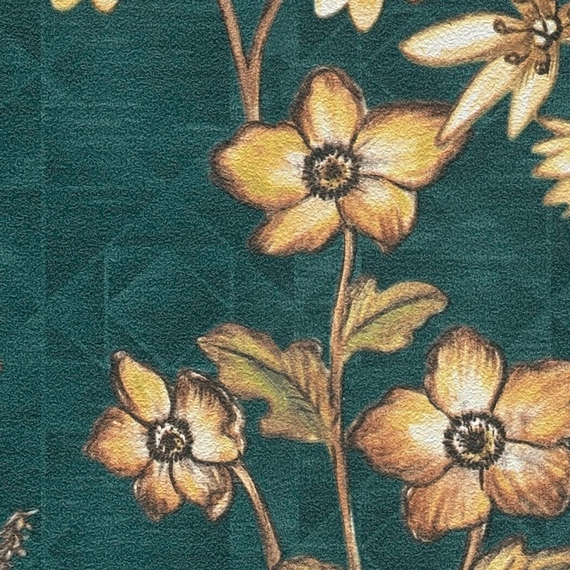Tapetes ar ziedu rakstu uz grafiska zilganzaļa fona - 1374006 AS Creation