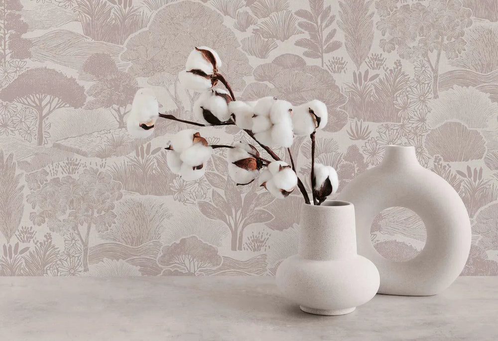 Tapetes ar zīmētu koku ainavu - silti pelēkas - 3012454 AS Creation