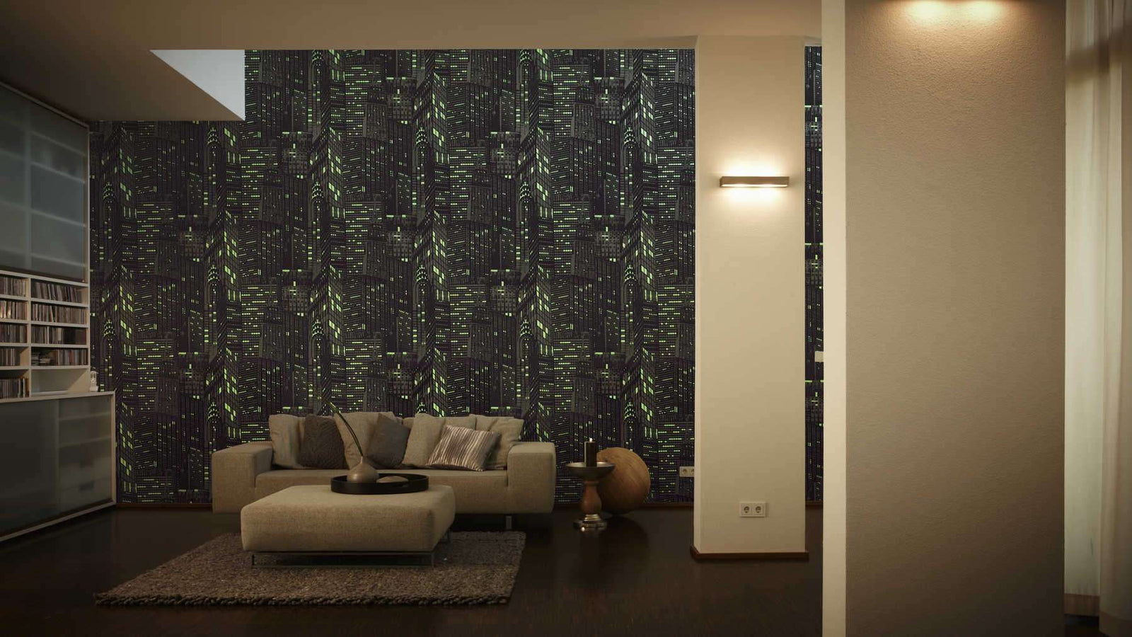 Tumsā mirdzošās tapetes ar nakts pilsētu AS Creation 25284-5 melnas AS Creation