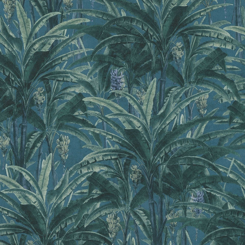 Tapetes banānu palmu un tropu dizainu zilganzaļā krāsā AS Creation
