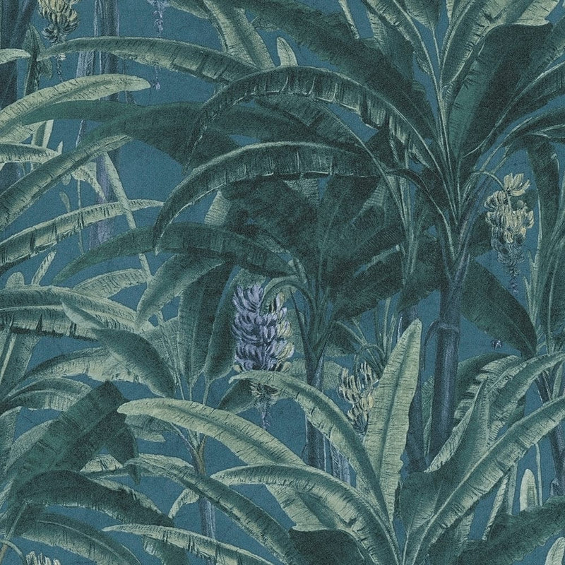 Tapetes banānu palmu un tropu dizainu zilganzaļā krāsā AS Creation