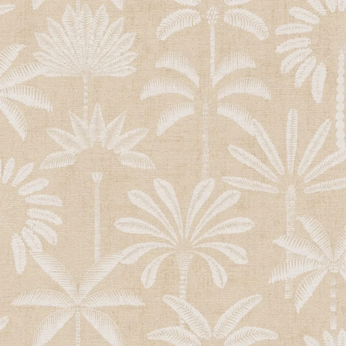 Detail view: beige wallpaper with stylised palm trees and surface embossing. SKU: 3012117, AS Creation.
