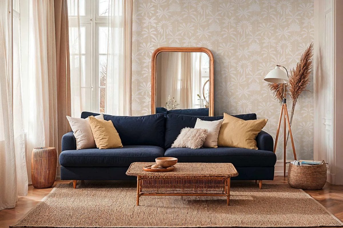 Beige wallpaper with stylised palm trees and glitter in a bright and modern living room. SKU: 3012117, AS Creation.