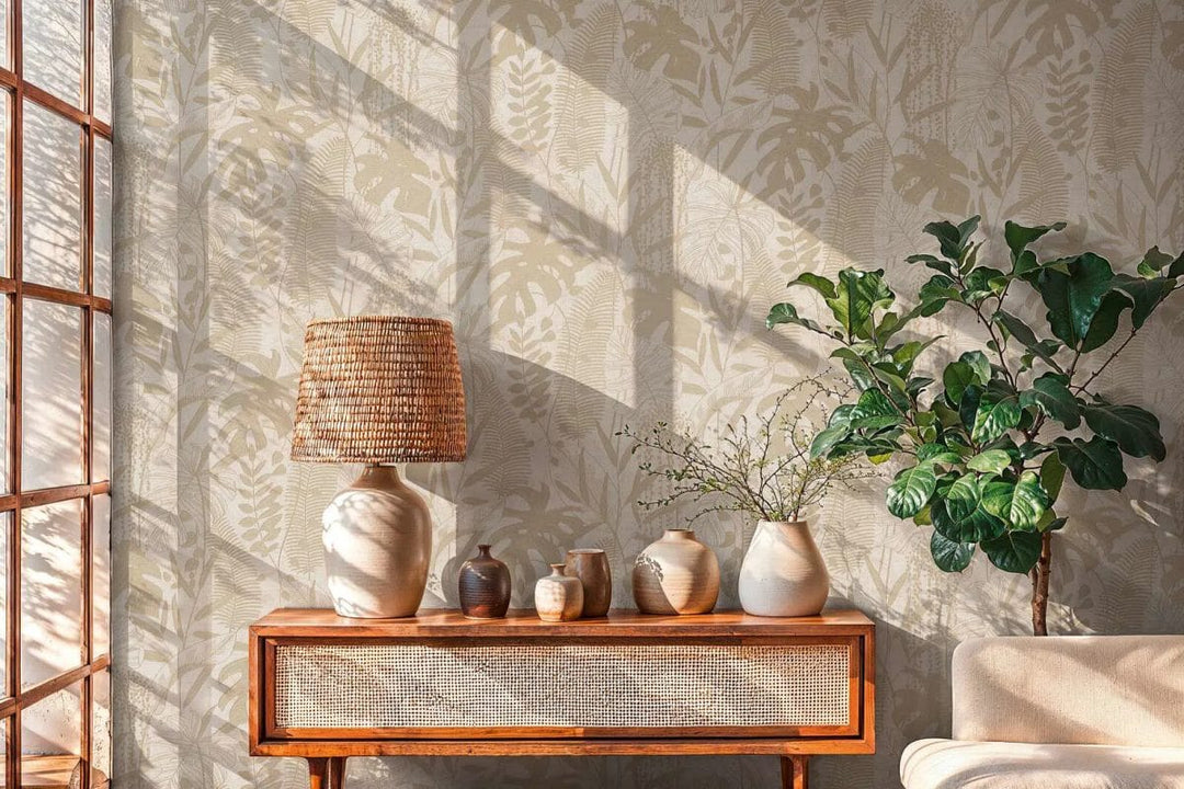 Tapetes botāniskā stilā ar viegli teksturētam lapām | bēša - 3012131 AS Creation