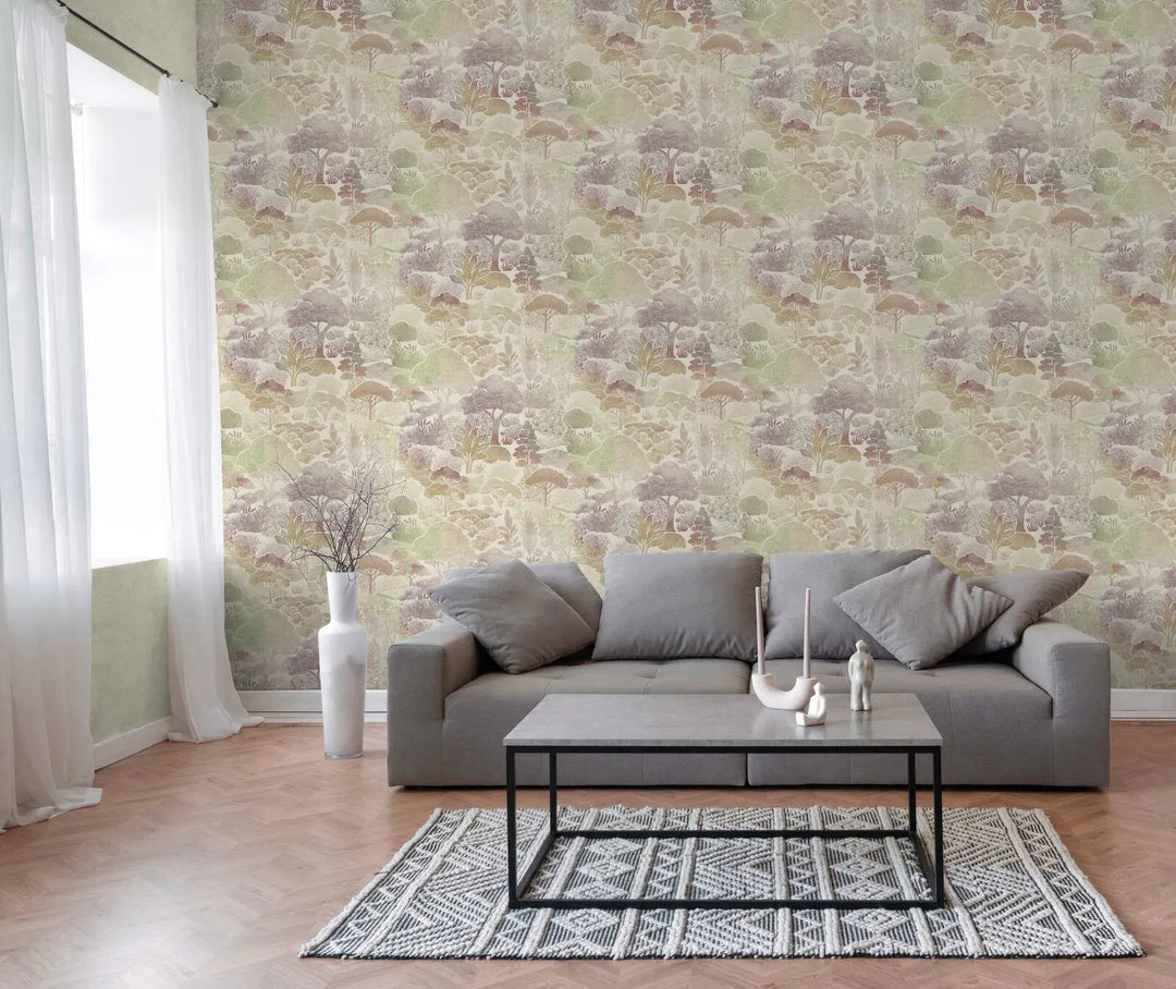 Tapetes ar delikātu koku fonu | zaļa, peleka, krēma - 3012453 AS Creation