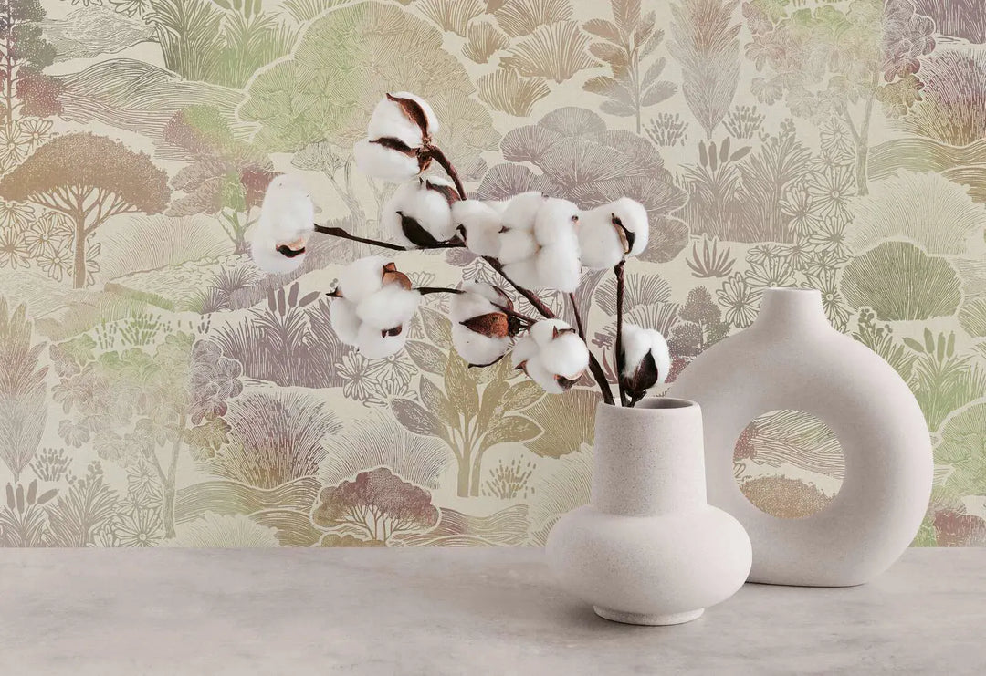 Tapetes ar delikātu koku fonu | zaļa, peleka, krēma - 3012453 AS Creation