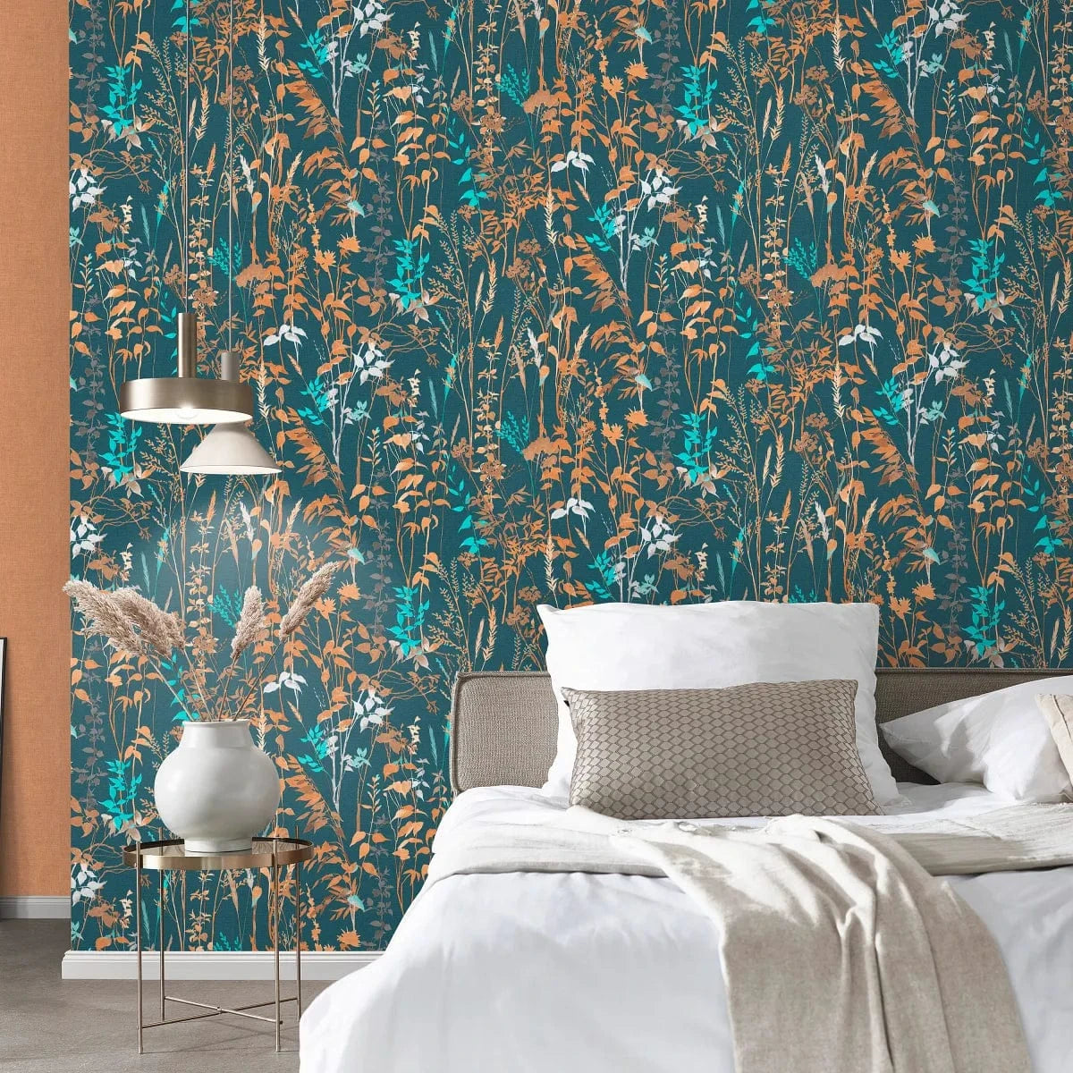 Lauku stila tapetes ar lapu rakstu uz tumši zila fona   Tapetenshop.lv