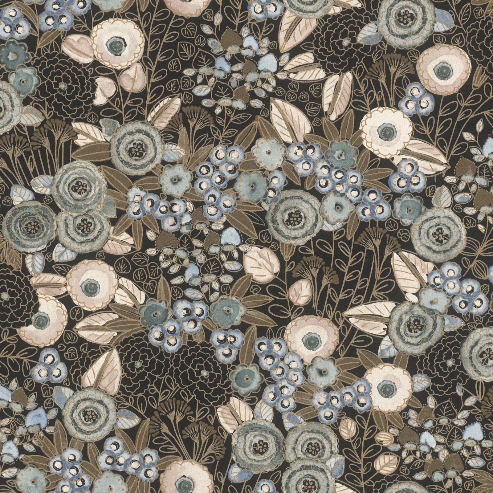 Tapetes RASCH - stilizēti ziedi ar zeltā kontūru uz melna fona, 868913 RASCH