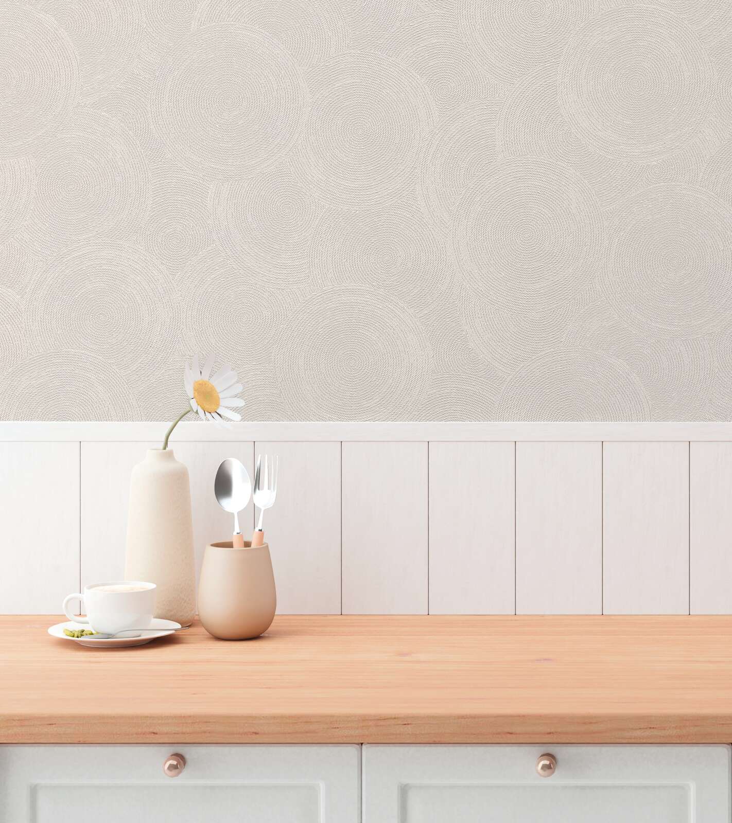 Krēmkrāsas tapetes ar apļiem un metālisku efektu luksusa viesistabas interjerā. SKU: 3010630, AS Creation.