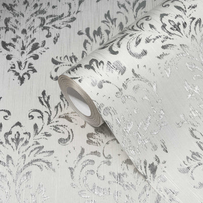 Tekstila tapetes ar klasisku ornamentu – sudrabā, baltā krāsā - 306591 AS Creation