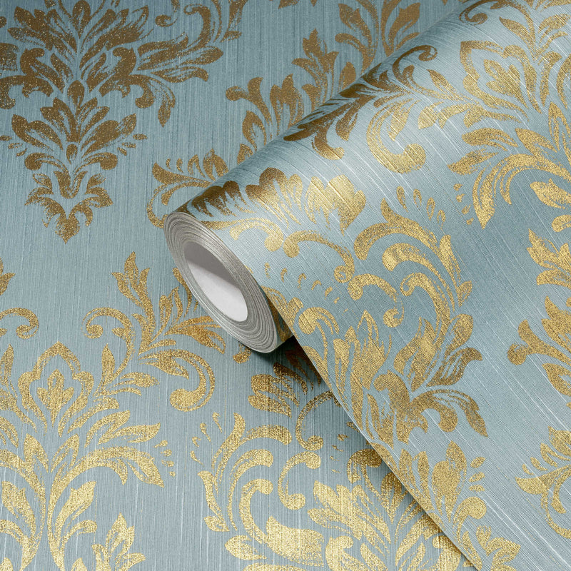 Tekstila tapetes ar klasisku ornamentu - zilā un zeltā, 306595 AS Creation