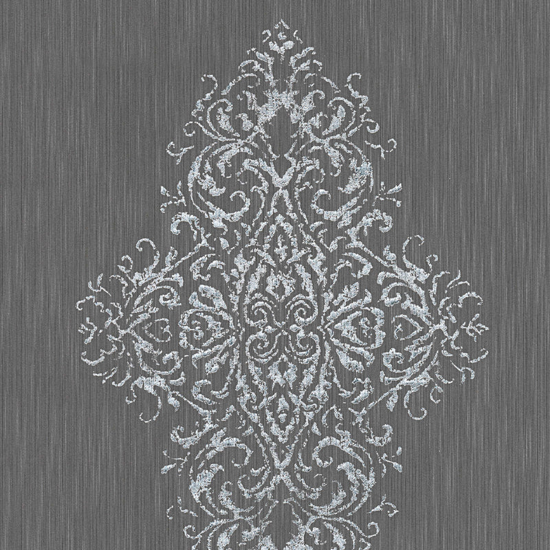 Tekstila tapetes ar sudraba ornamentu uz tumši pelēka fona AS Creation