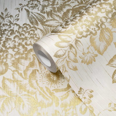 Textile wallpapers with golden flower pattern - gold, white - 306571 AS Creation