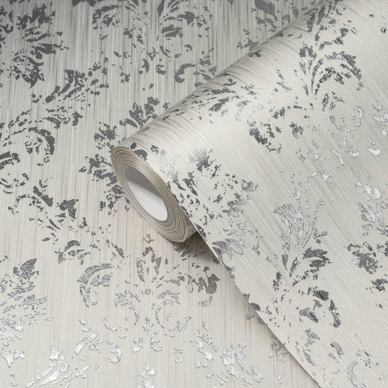 Tekstila tapetes barokā stilā – gaiši pelēkā, sudrabā krāsā, 306622 AS Creation