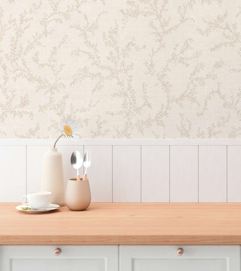 Teksturētas tapetes ar delikātiem lapu vītņiem, krēmkrāsā - 3010566 AS Creation