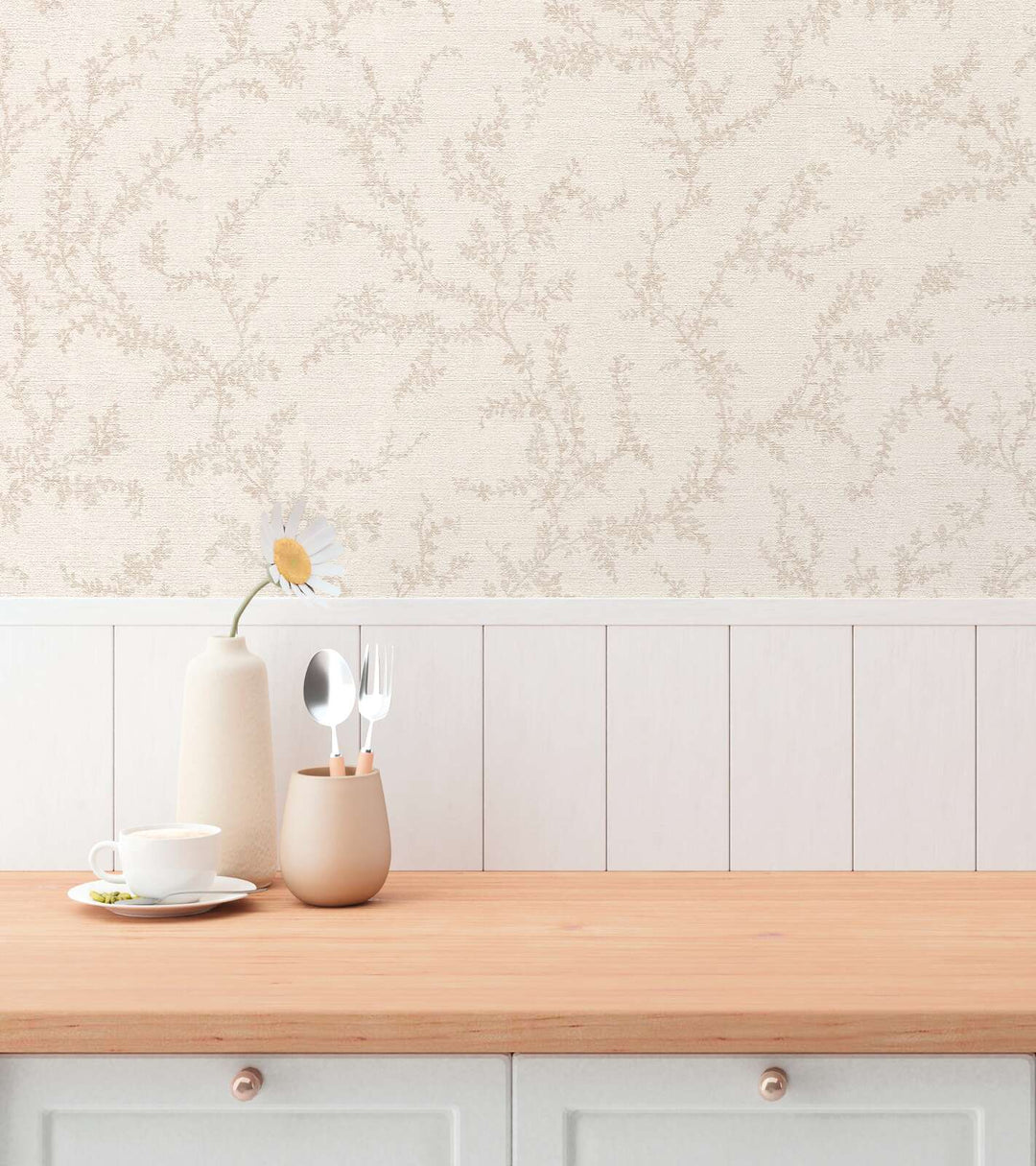 Teksturētas tapetes ar delikātiem lapu vītņiem, krēmkrāsā - 3010566 AS Creation