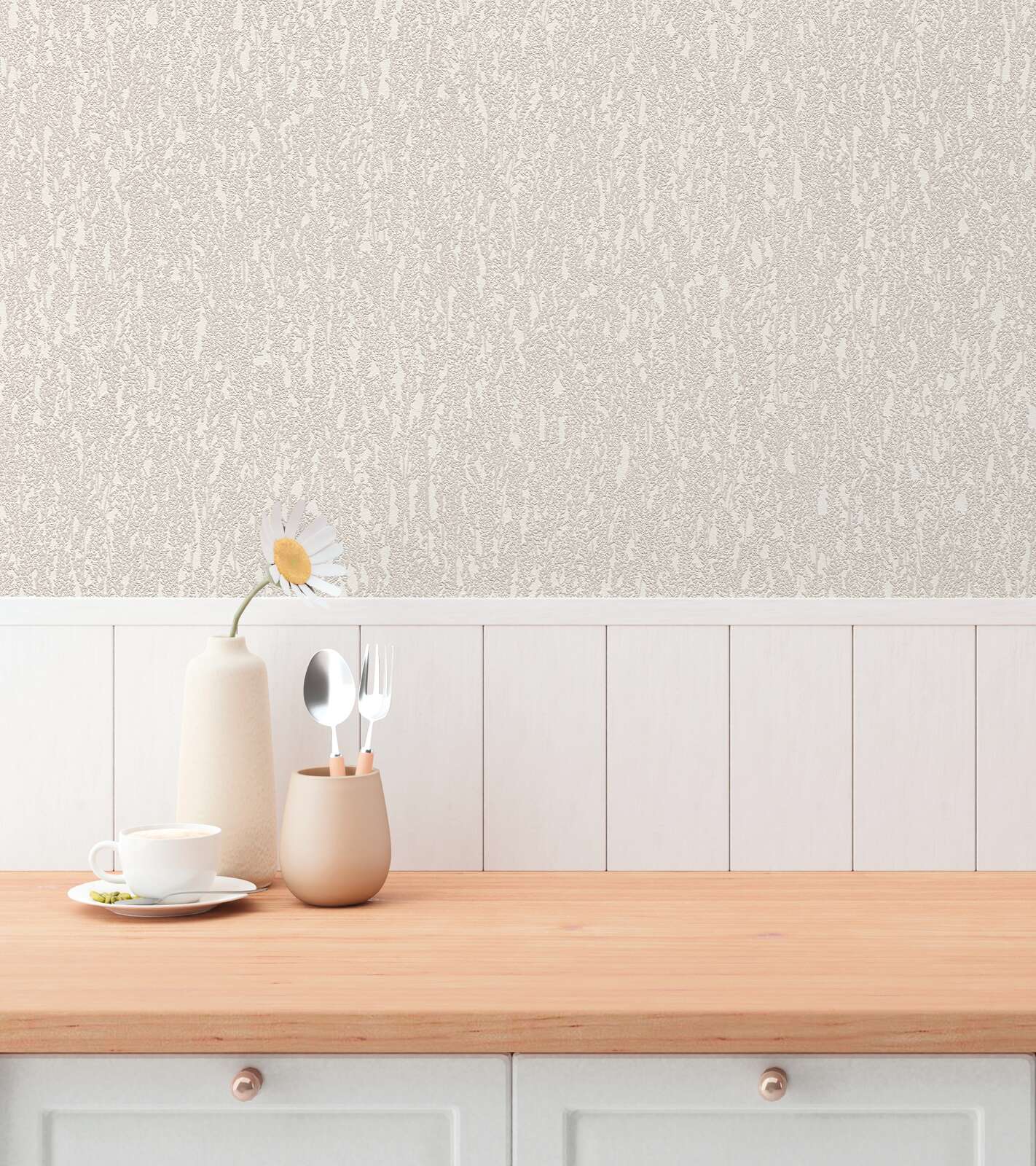 Grey textured wallpaper with embossed surface in a minimalist living room design. SKU: 3010647, AS Creation.