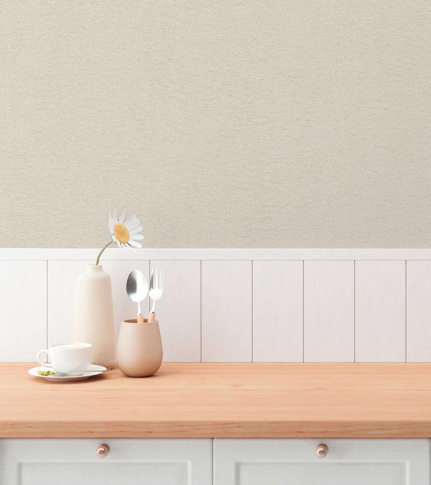 Textured beige wallpaper with textile character in a cosy living room design. SKU: 3010714, AS Creation.