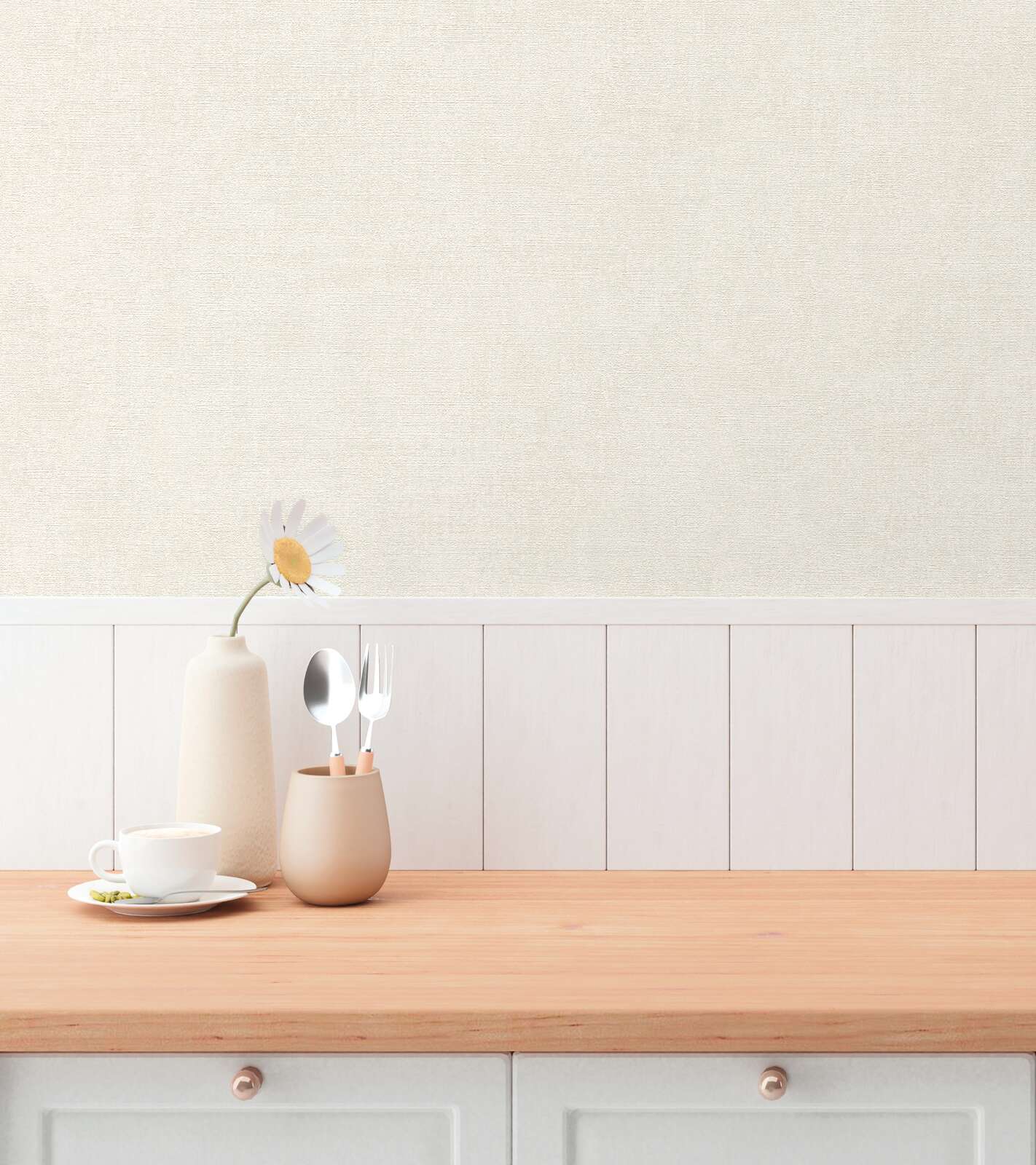 Cream and white wallpaper with textile surface in a minimalist living room. SKU: 3010601, AS Creation.