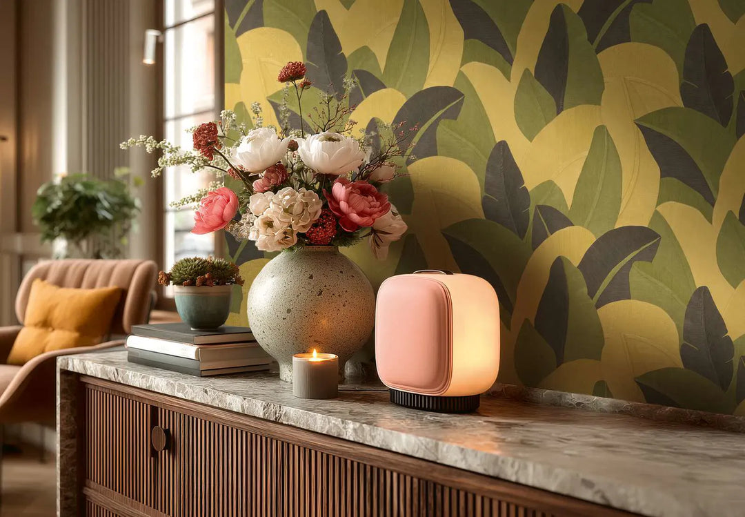 Teksturētas tapetes ar abstraktu lapu dizainu - dzeltena, zaļa, melna AS Creation